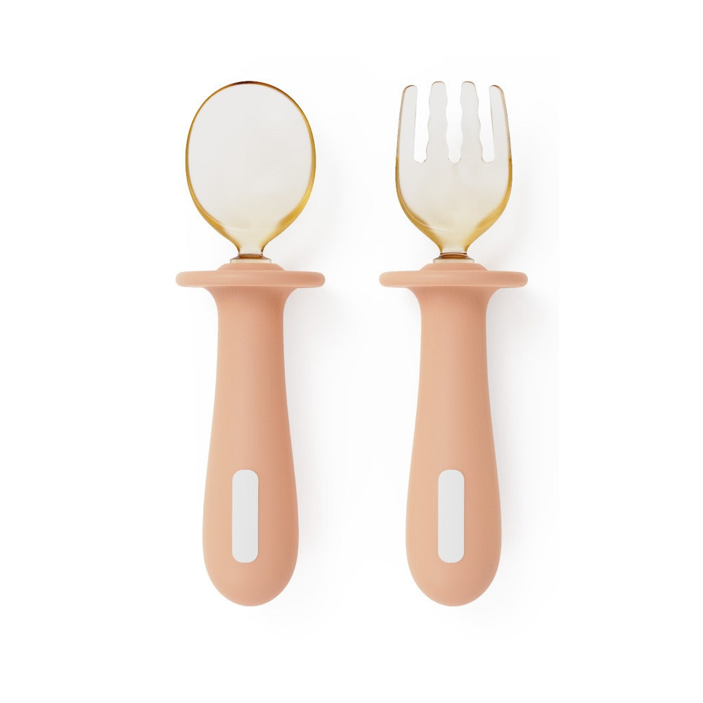 Adjustable color PPSU silicone fork and spoon set, children's stainless steel spoon and fork, baby training supplementary food tableware set of 2 pieces