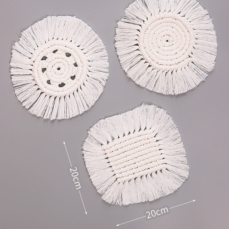 Nordic style hand woven cotton rope coaster insulation pad, white tassel desktop minimalist decorative pad