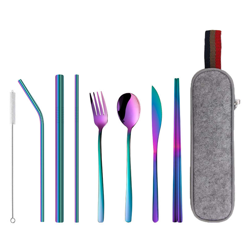 New Stainless Steel Portable Tableware 304 Stainless Steel Straw Korean Titanium-Plated Knife, Fork, Spoon, Chopsticks Set