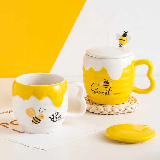Creative Ceramic Cup With Lid Cartoon Cute Bee Mug Office Coffee Cup Practical Advertising Gift Water Cup