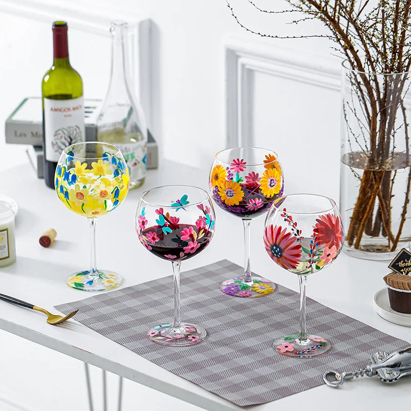 Nordic Colored Glass Wine Glasses Creative Hand-Painted Flowers Wine Glass Household Painted Goblet Crystal Champagne Drinkware