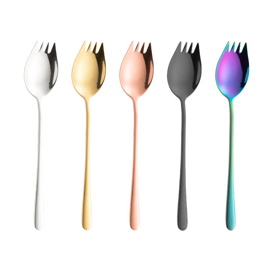 New 304 Stainless Steel Spoon Long Handle Korean Spoon And Fork In One Dual-Purpose Fruit Salad Spoon And Fork