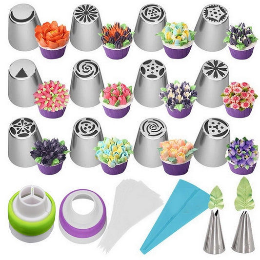 22pcs/Set Russian Tulip Icing Piping Nozzles Stainless Steel Flower Cream Pastry Tips Nozzles Bag Cupcake Cake Decorating Tools