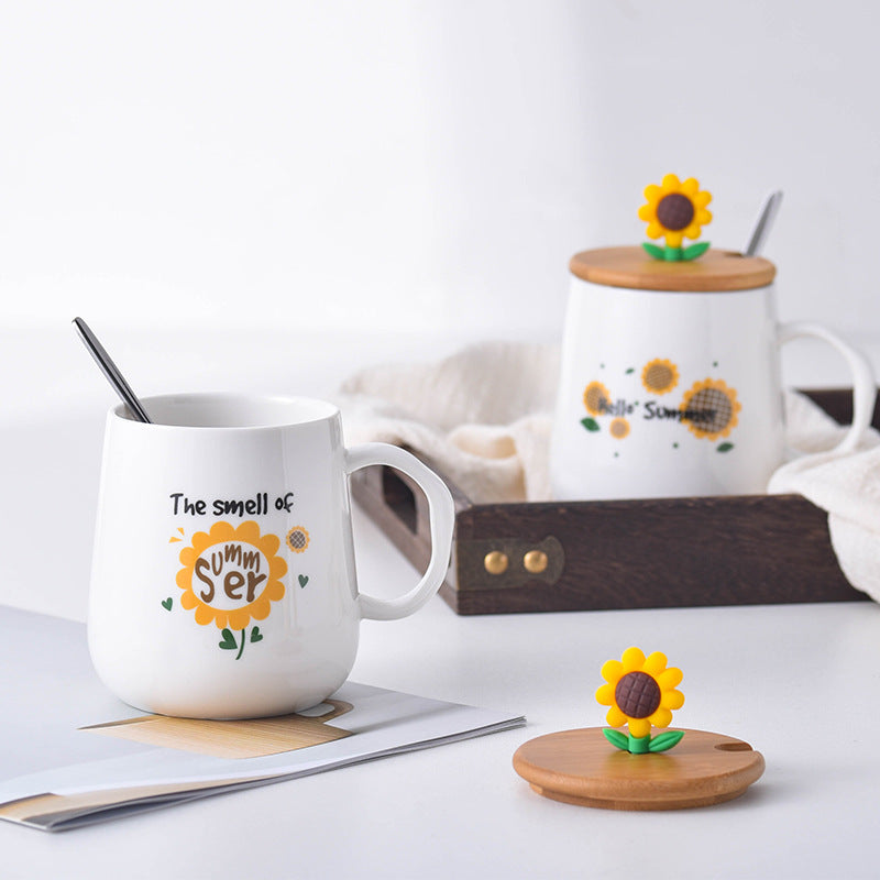 Creative Ceramic Cup With Lid Cartoon Sunflower Breakfast Mug Coffee Milk Student Adult Cup