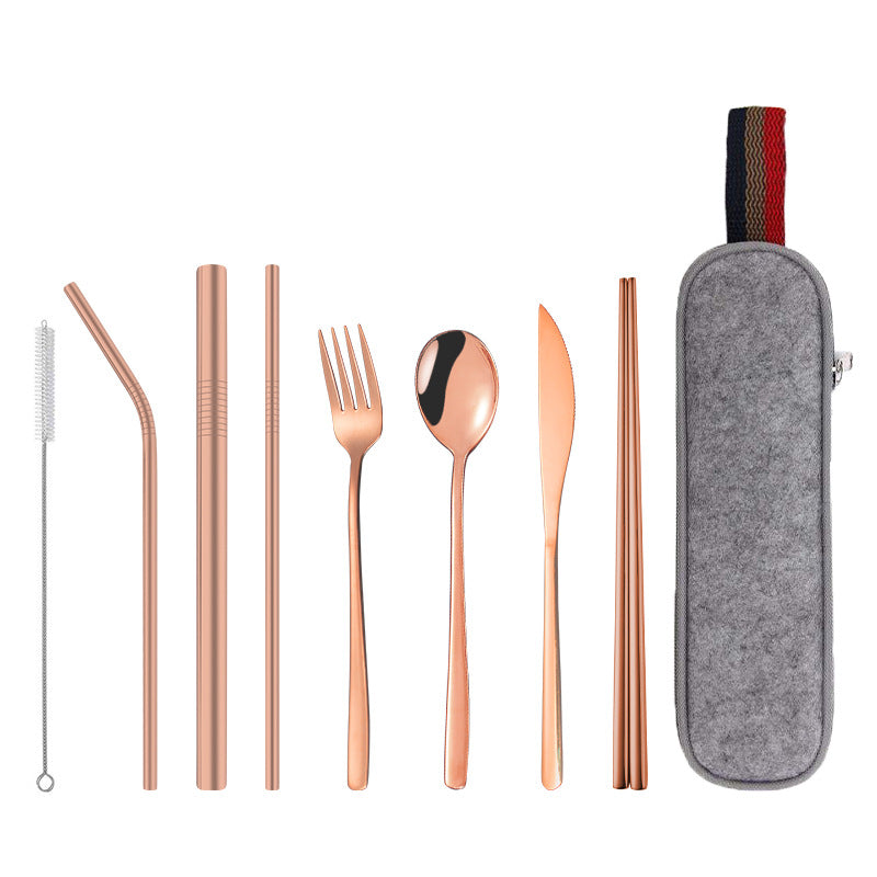 New Stainless Steel Portable Tableware 304 Stainless Steel Straw Korean Titanium-Plated Knife, Fork, Spoon, Chopsticks Set