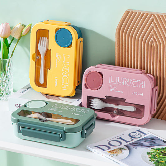 Microwaveable sealed lunch box with compartments and sauce box with cutlery