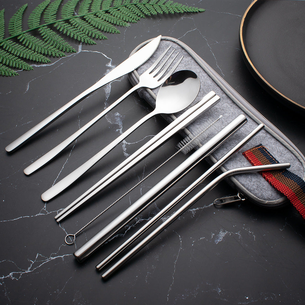 New Stainless Steel Portable Tableware 304 Stainless Steel Straw Korean Titanium-Plated Knife, Fork, Spoon, Chopsticks Set