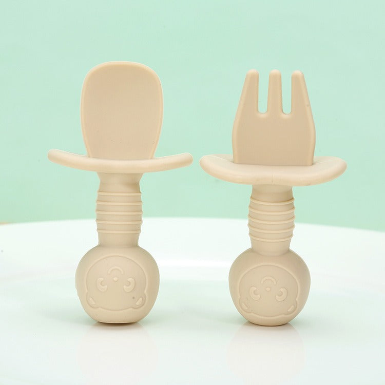 Licking Spoon for Baby Learning to Eat Training Spoon Short Handle Baby Supplementary Food Silicone Soft Spoon Fork Spoon Tableware 2-piece Set