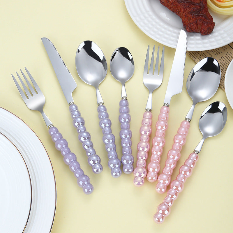 304 stainless steel knife and fork spoon creative pearl ceramic handle tableware western steak knife and fork dessert spoon