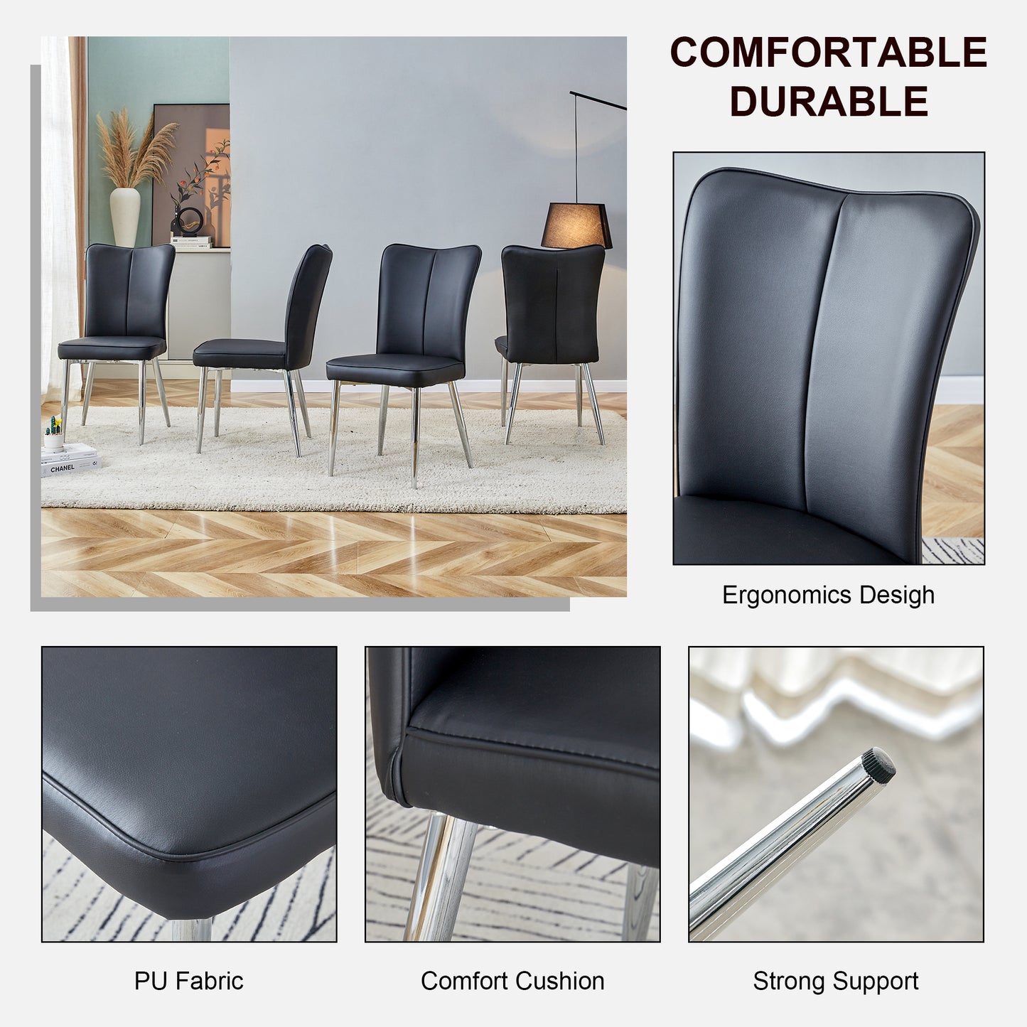 Modern minimalist dining chairs black PU leather curved backrest and cushion black metal semi matte chair legs