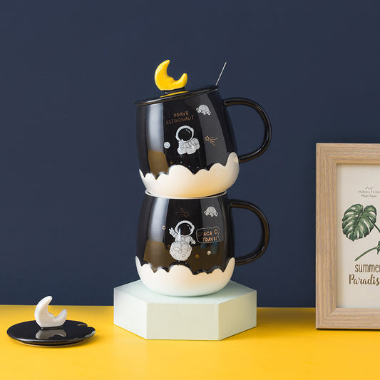 Creative Astronaut Ins Style Ceramic Cup With Lid Cartoon Cute Household Water Cup Practical Hand Gift Mug