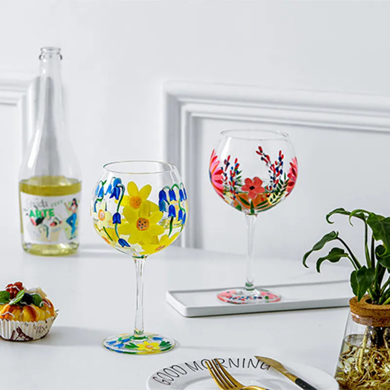 Nordic Colored Glass Wine Glasses Creative Hand-Painted Flowers Wine Glass Household Painted Goblet Crystal Champagne Drinkware