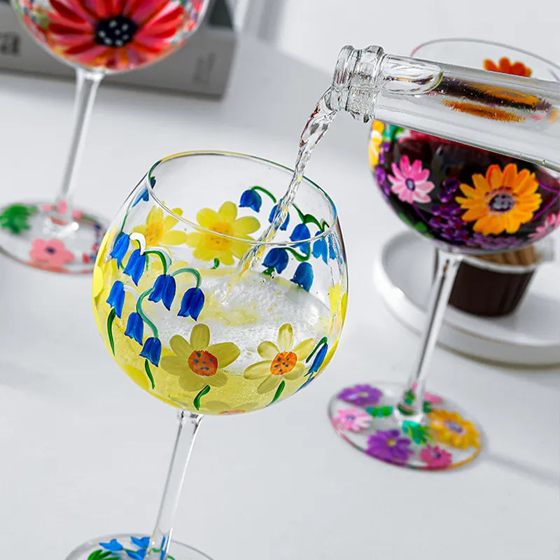 Nordic Colored Glass Wine Glasses Creative Hand-Painted Flowers Wine Glass Household Painted Goblet Crystal Champagne Drinkware