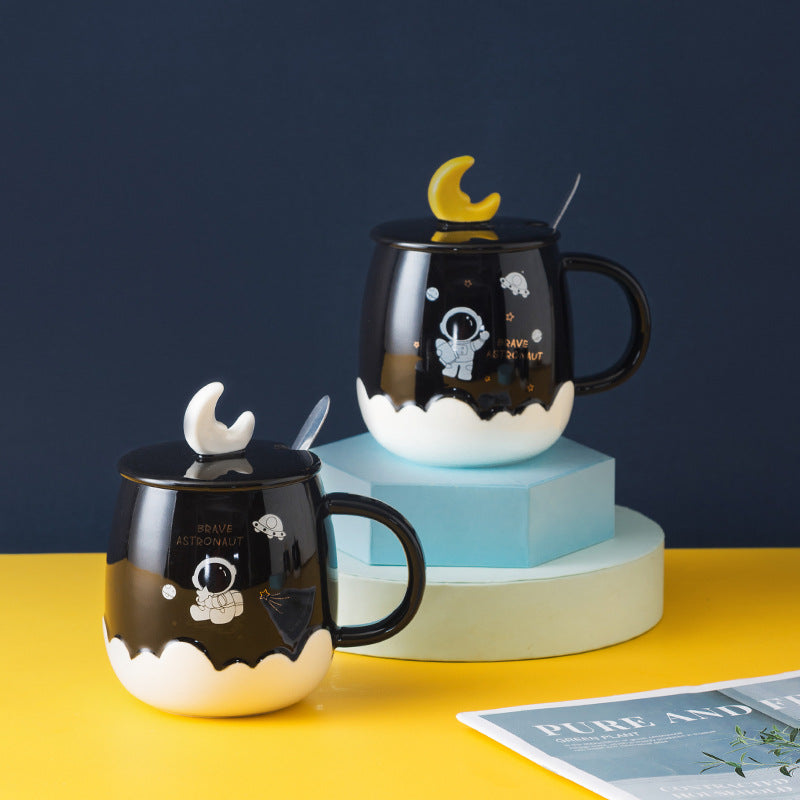 Creative Astronaut Ins Style Ceramic Cup With Lid Cartoon Cute Household Water Cup Practical Hand Gift Mug