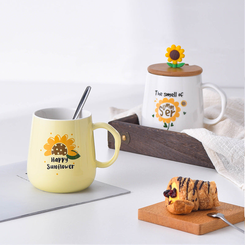 Creative Ceramic Cup With Lid Cartoon Sunflower Breakfast Mug Coffee Milk Student Adult Cup