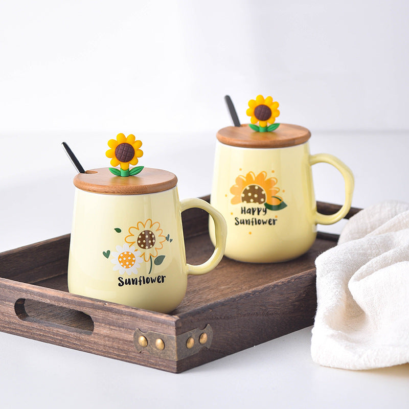 Creative Ceramic Cup With Lid Cartoon Sunflower Breakfast Mug Coffee Milk Student Adult Cup