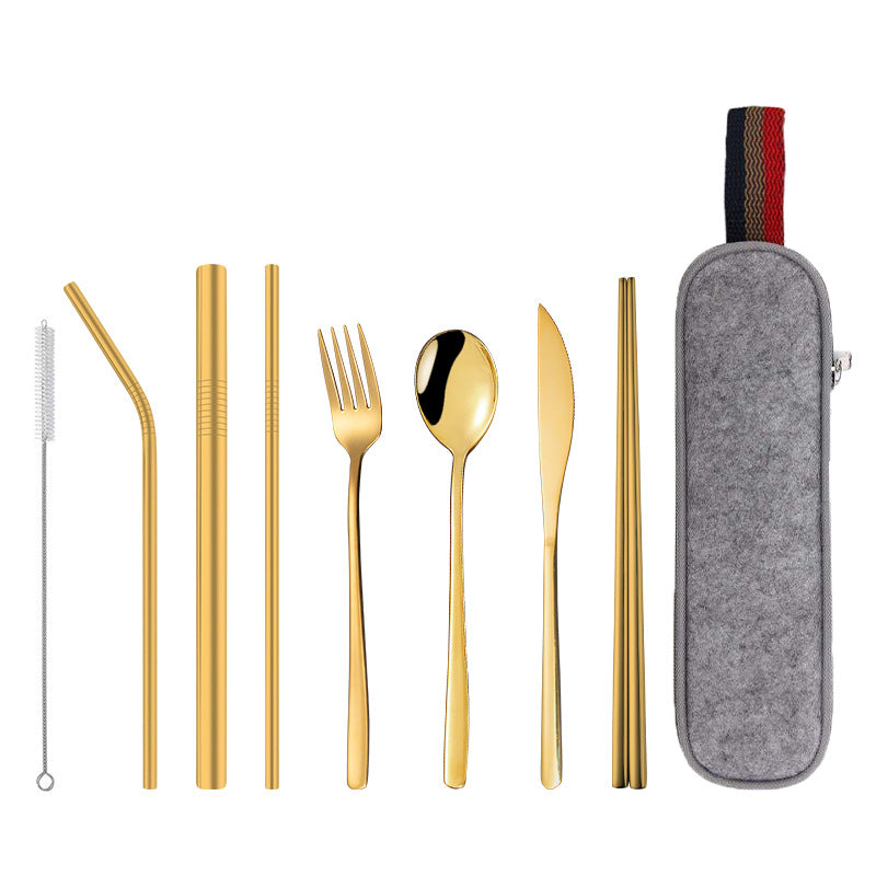 New Stainless Steel Portable Tableware 304 Stainless Steel Straw Korean Titanium-Plated Knife, Fork, Spoon, Chopsticks Set
