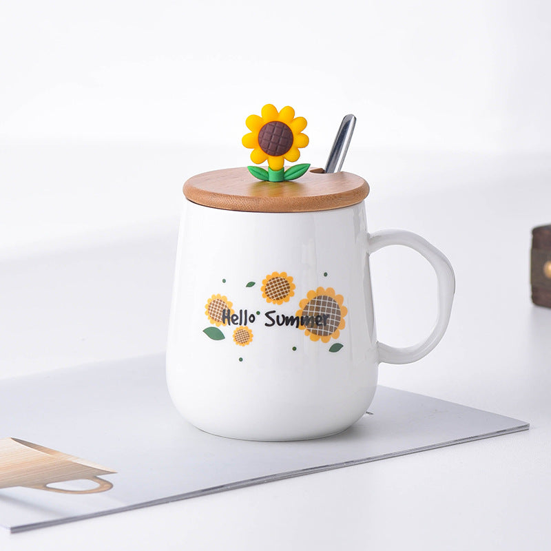 Creative Ceramic Cup With Lid Cartoon Sunflower Breakfast Mug Coffee Milk Student Adult Cup