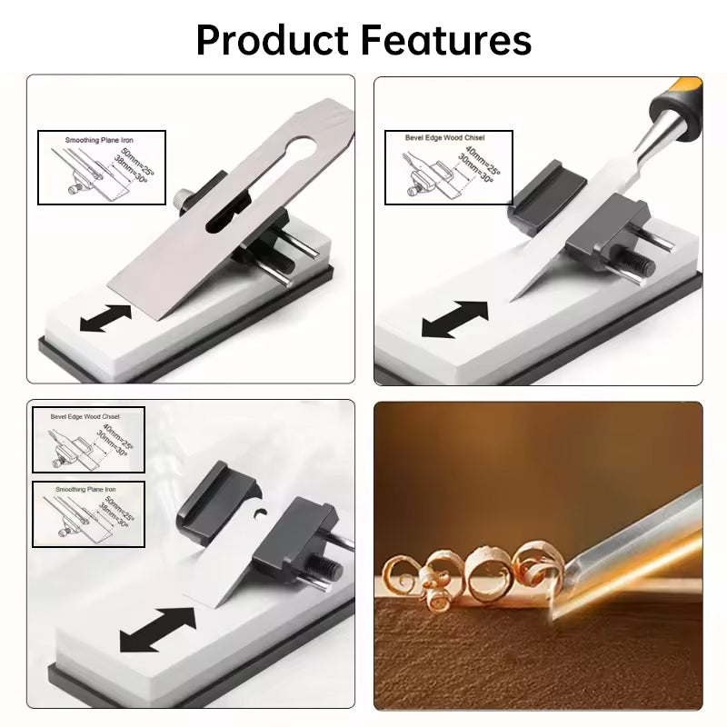 Chisel sharpening guide, knife sharpener, chisel blade, projection sharpener, template, roller, sharpening stone