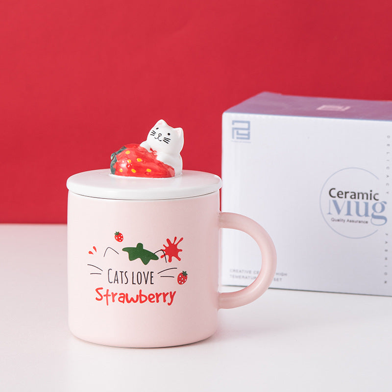 Creative Cartoon Ceramic Mug With Lid Cute Strawberry Mug Christmas Gift Mug Cup