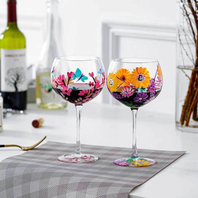 Nordic Colored Glass Wine Glasses Creative Hand-Painted Flowers Wine Glass Household Painted Goblet Crystal Champagne Drinkware