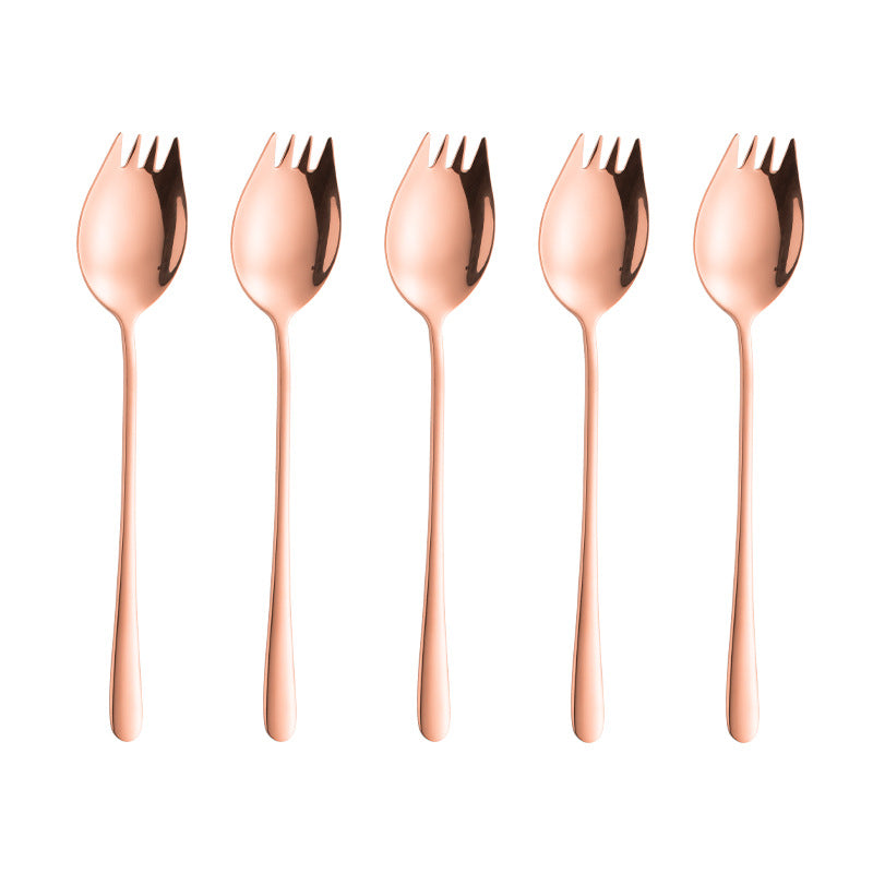 New 304 Stainless Steel Spoon Long Handle Korean Spoon And Fork In One Dual-Purpose Fruit Salad Spoon And Fork