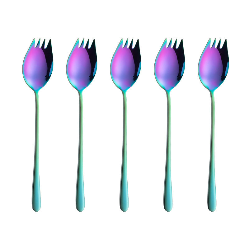 New 304 Stainless Steel Spoon Long Handle Korean Spoon And Fork In One Dual-Purpose Fruit Salad Spoon And Fork