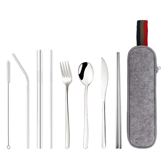 New Stainless Steel Portable Tableware 304 Stainless Steel Straw Korean Titanium-Plated Knife, Fork, Spoon, Chopsticks Set