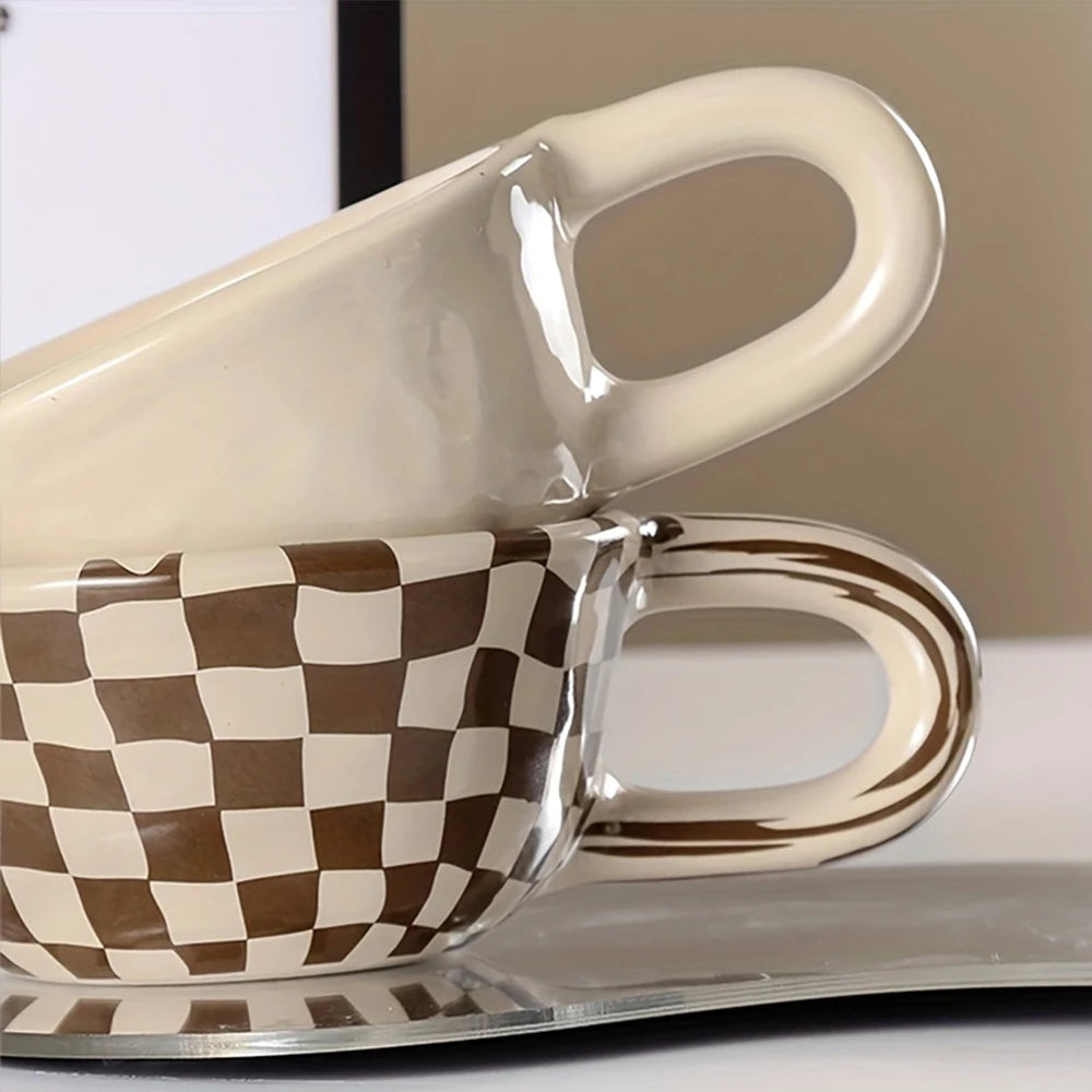 A 300ml ceramic retro couple checkerboard grid small capacity milk white wind mug coffee cups