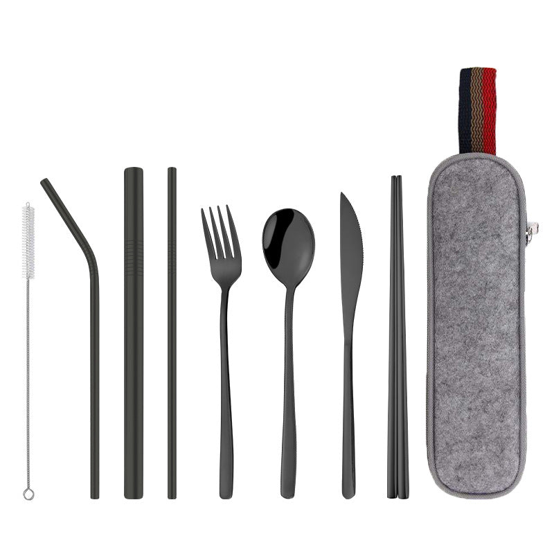 New Stainless Steel Portable Tableware 304 Stainless Steel Straw Korean Titanium-Plated Knife, Fork, Spoon, Chopsticks Set