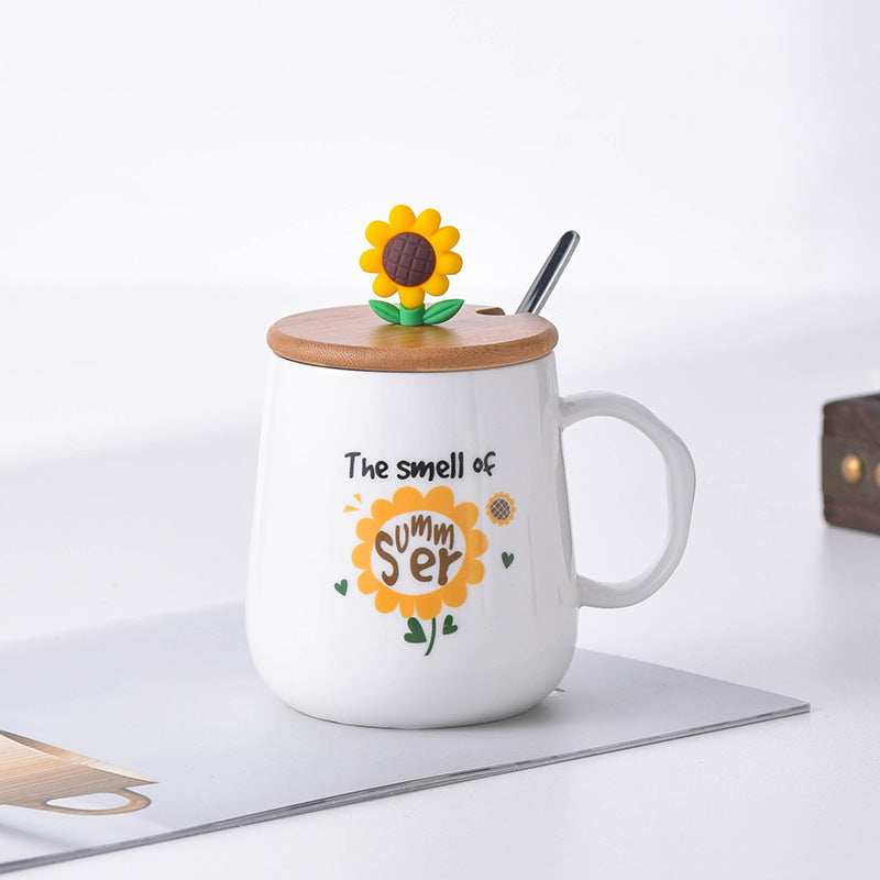 Creative Ceramic Cup With Lid Cartoon Sunflower Breakfast Mug Coffee Milk Student Adult Cup